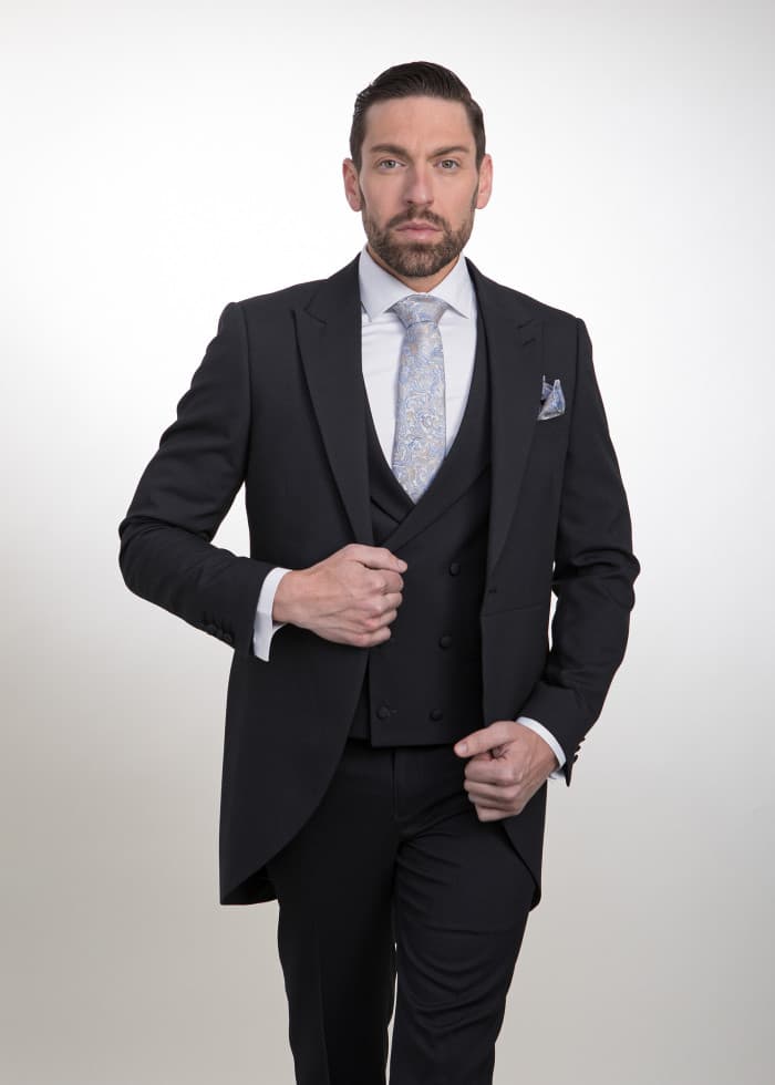 Traje media gala chaque azul noche con chaleco pura lana de alta costura para ceremonia nupcial