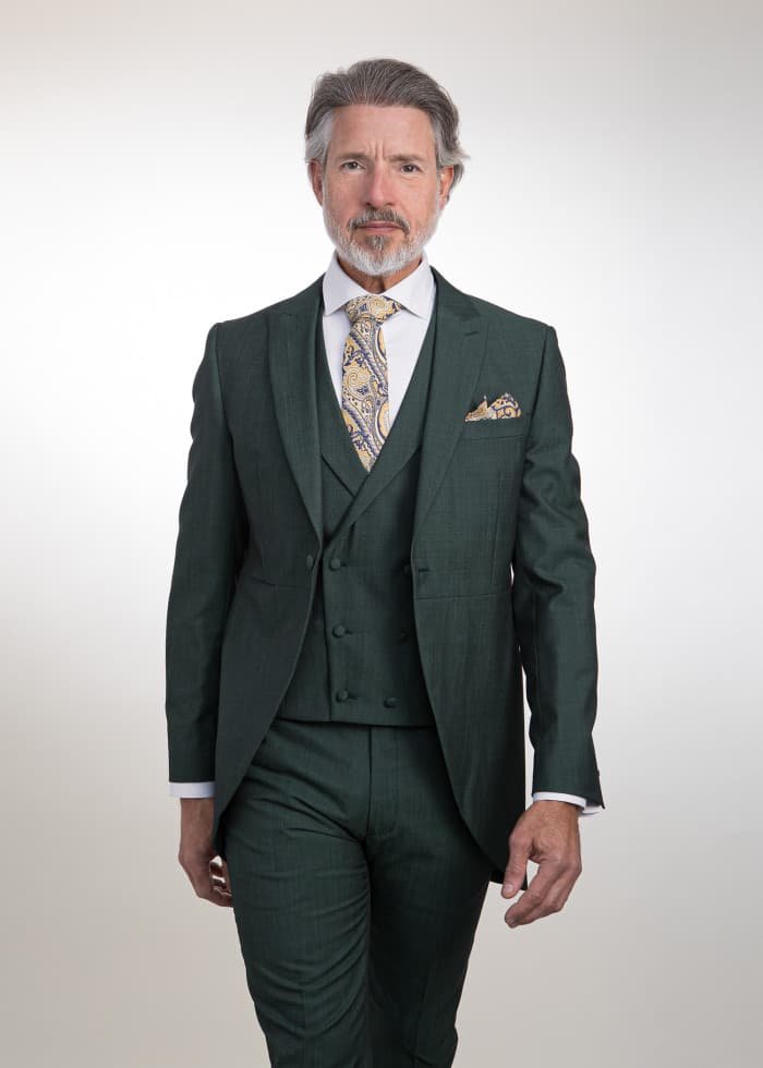 Traje media gala chaque verde con chaleco pura lana de alta costura para ceremonia nupcial