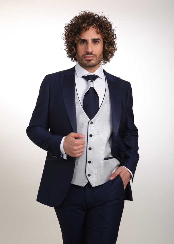 Traje azul medio con fantasia elegante para novio Palma - Lord Ton alta costura