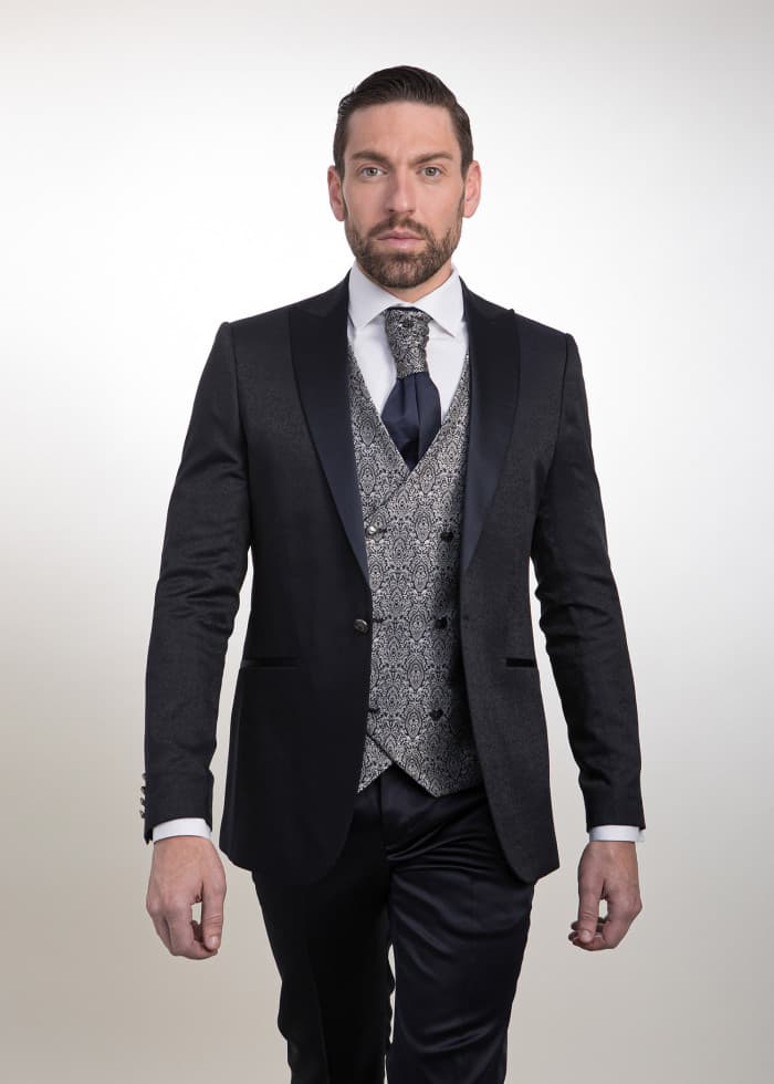 Traje azul raso labrado con fantasia elegante para novio Palma - Lord Ton alta costura