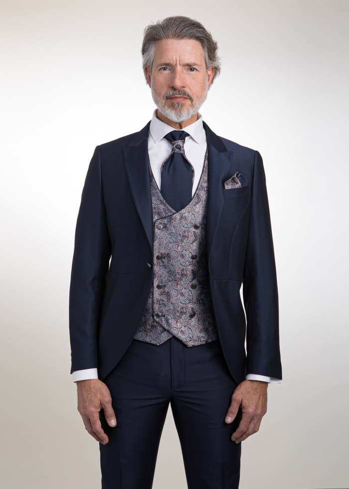 Traje azul medio solapa pico elegante para novio Palma - Lord Ton alta costura