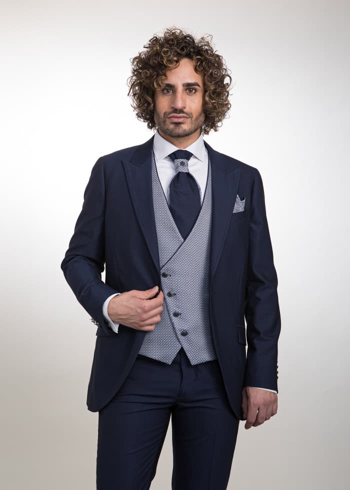 Traje azul medio con fantasiay chaleco elegante para novio Palma - Lord Ton alta costura