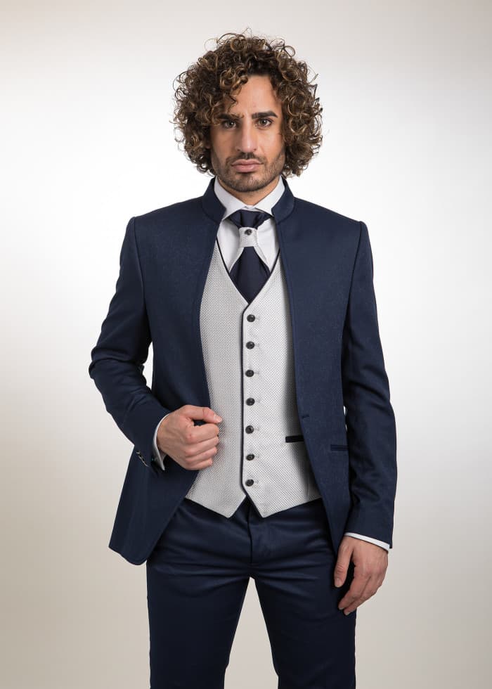 Traje cuello mao azul oscuro elegante para novio Palma - Lord Ton alta costura