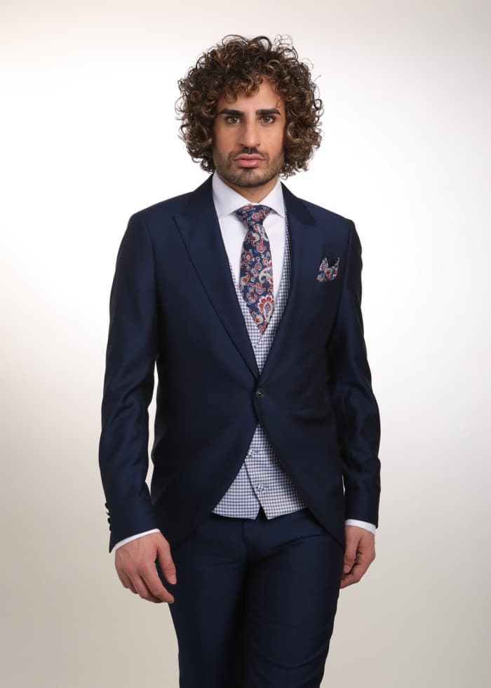 Traje azul medio solapa pico elegante para novio Palma - Lord Ton alta costura
